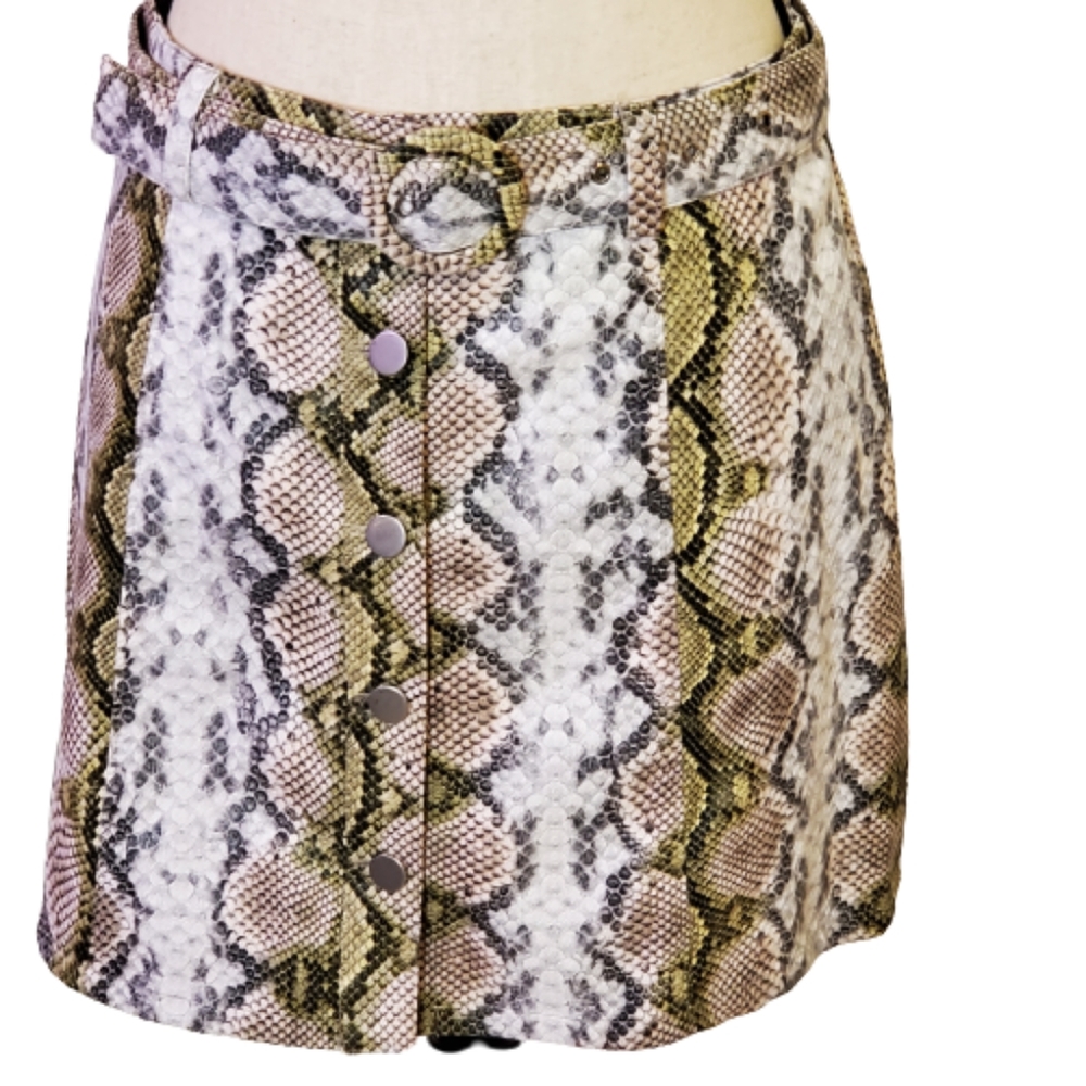 Python-Print Mini Faux Leather Skirt with Front Buttons And Belt